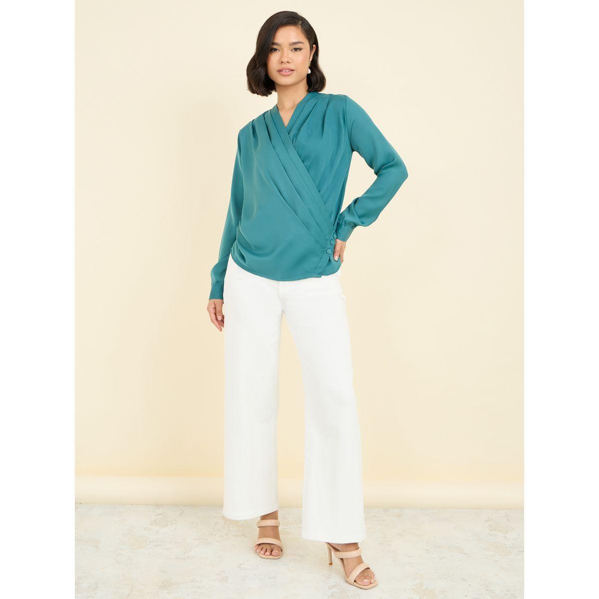 Styli Pleated V Neck Button Closure Wrap Top-women-clothing-shirtsandblouses-blouses-image-2