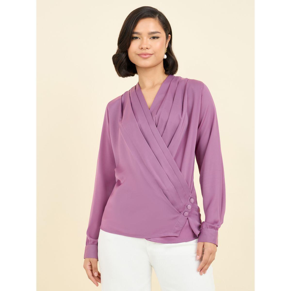 Styli Pleated  V Neck Button Closure Wrap Top-women-clothing-shirtsandblouses-blouses-image-1
