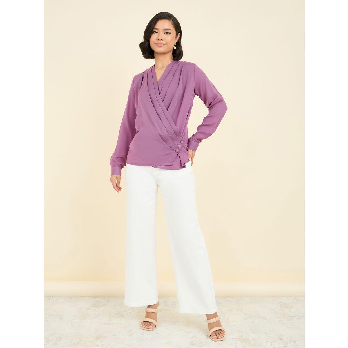 Styli Pleated  V Neck Button Closure Wrap Top-women-clothing-shirtsandblouses-blouses-image-2