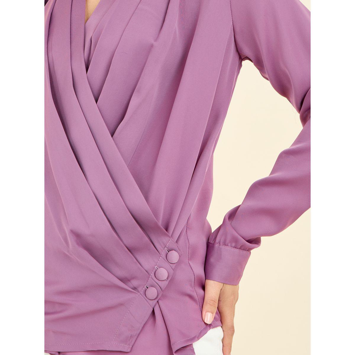 Styli Pleated  V Neck Button Closure Wrap Top-women-clothing-shirtsandblouses-blouses-image-3