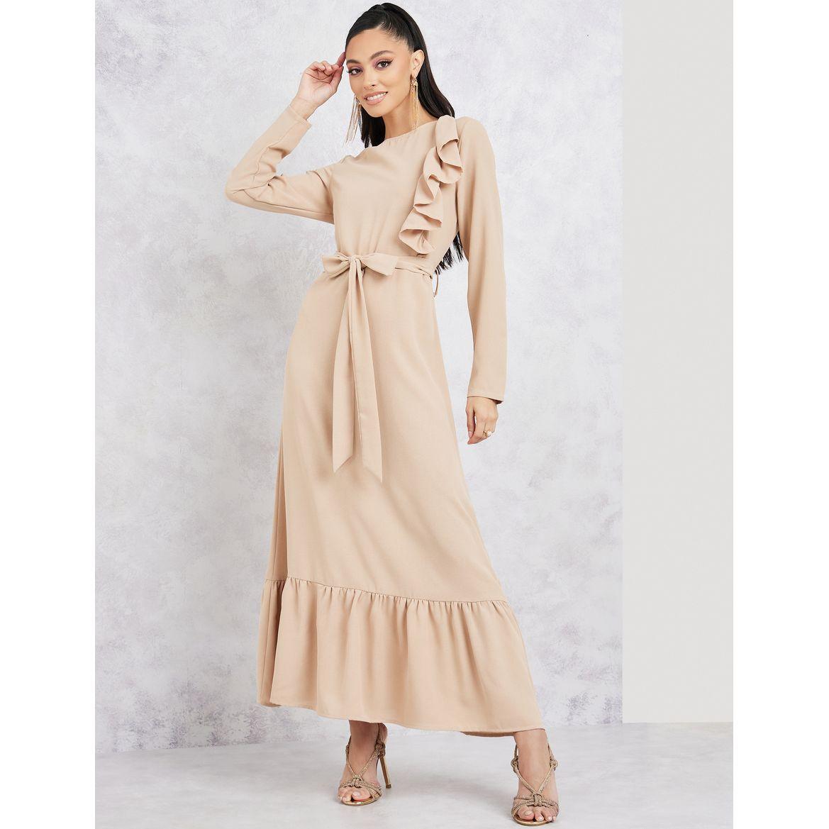 فستان طويل بكسرات وكشكش مع حزام-women-clothing-dresses-image-1