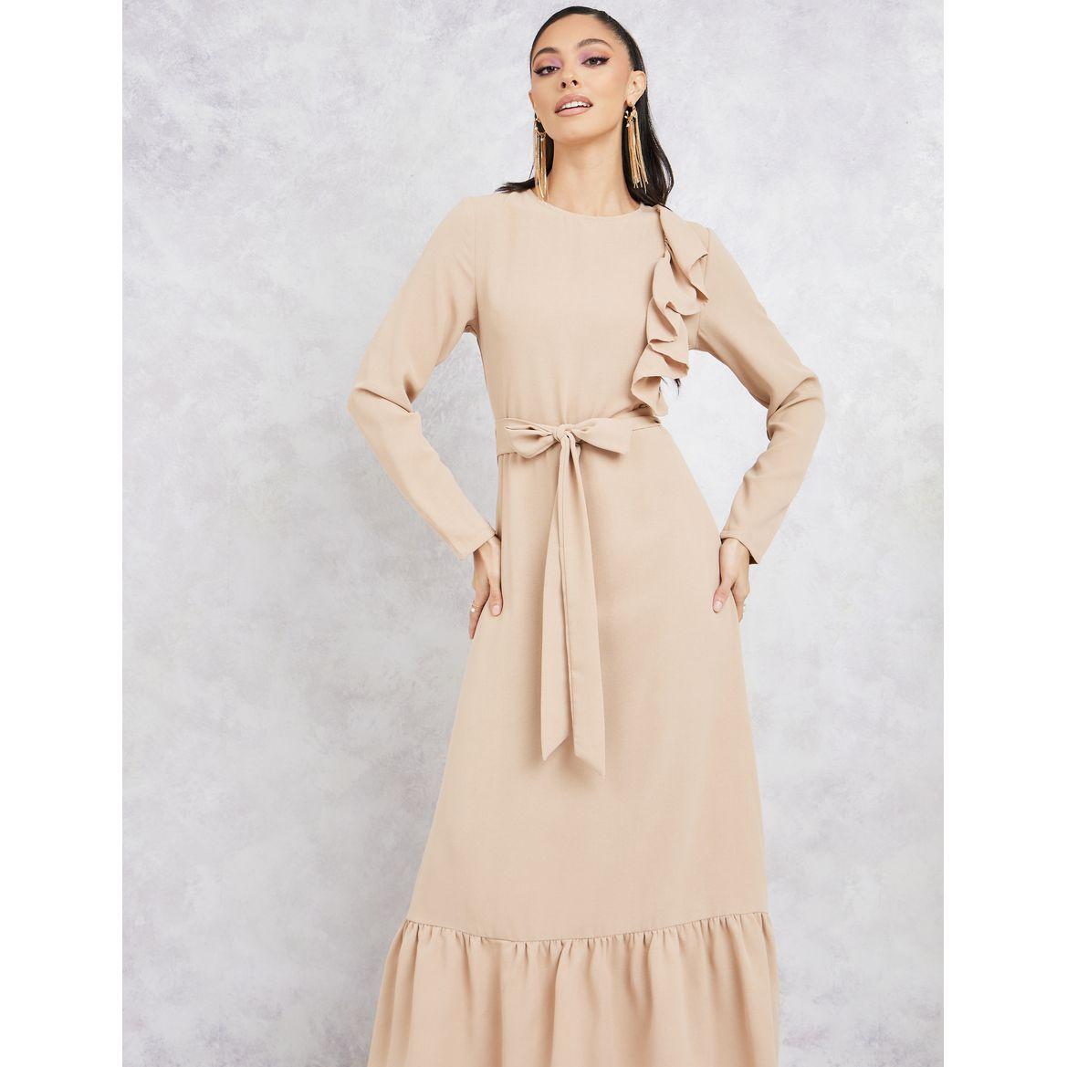 فستان طويل بكسرات وكشكش مع حزام-women-clothing-dresses-image-2