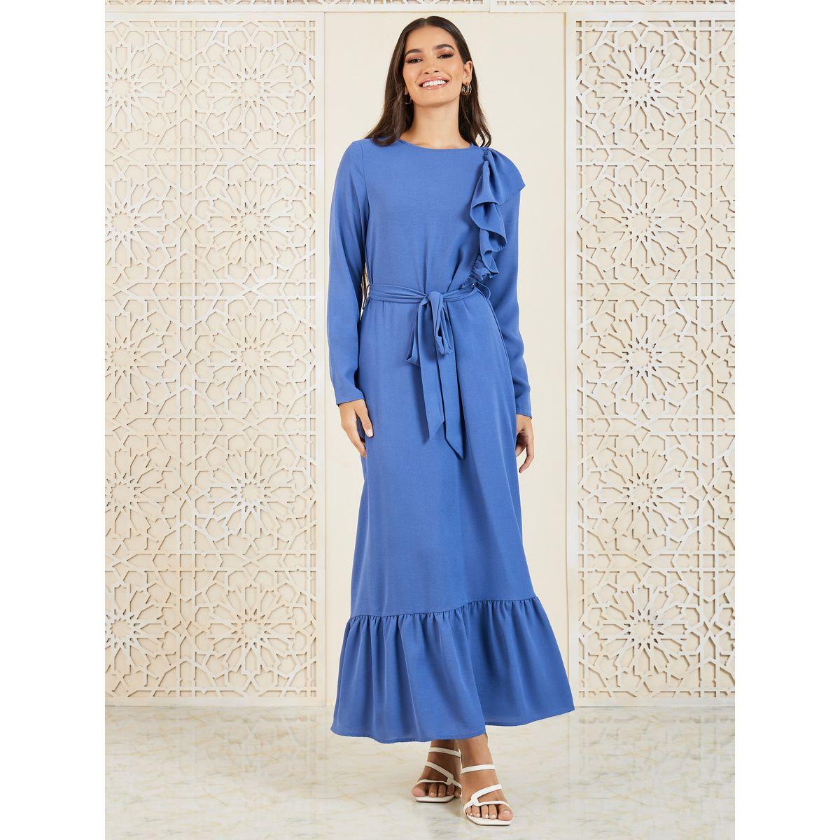 فستان ماكسي بتفاصيل كشكشة أنيقة مع ربطة ساق ذاتية-women-clothing-dresses-image-1