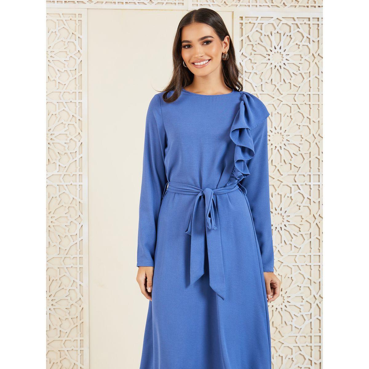 فستان ماكسي بتفاصيل كشكشة أنيقة مع ربطة ساق ذاتية-women-clothing-dresses-image-2