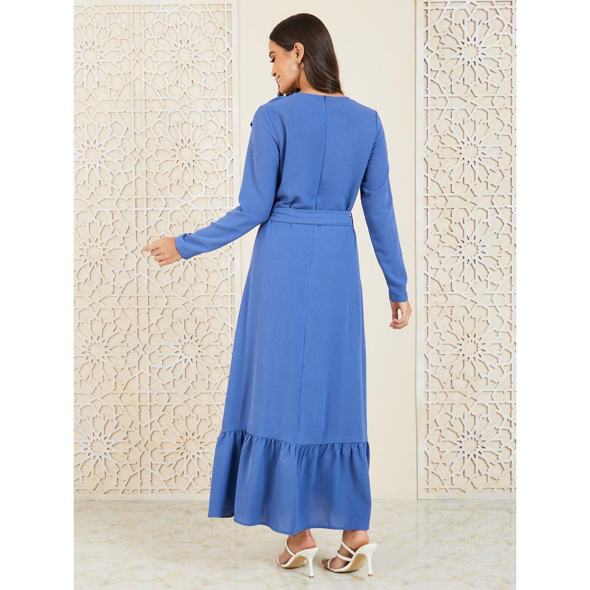 فستان ماكسي بتفاصيل كشكشة أنيقة مع ربطة ساق ذاتية-women-clothing-dresses-image-4