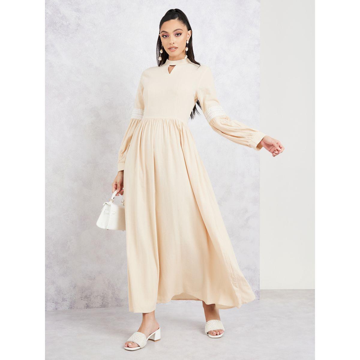 Styli Lace Detail Sleeves High Neck A-Line Maxi Dress-women-clothing-dresses-image-1