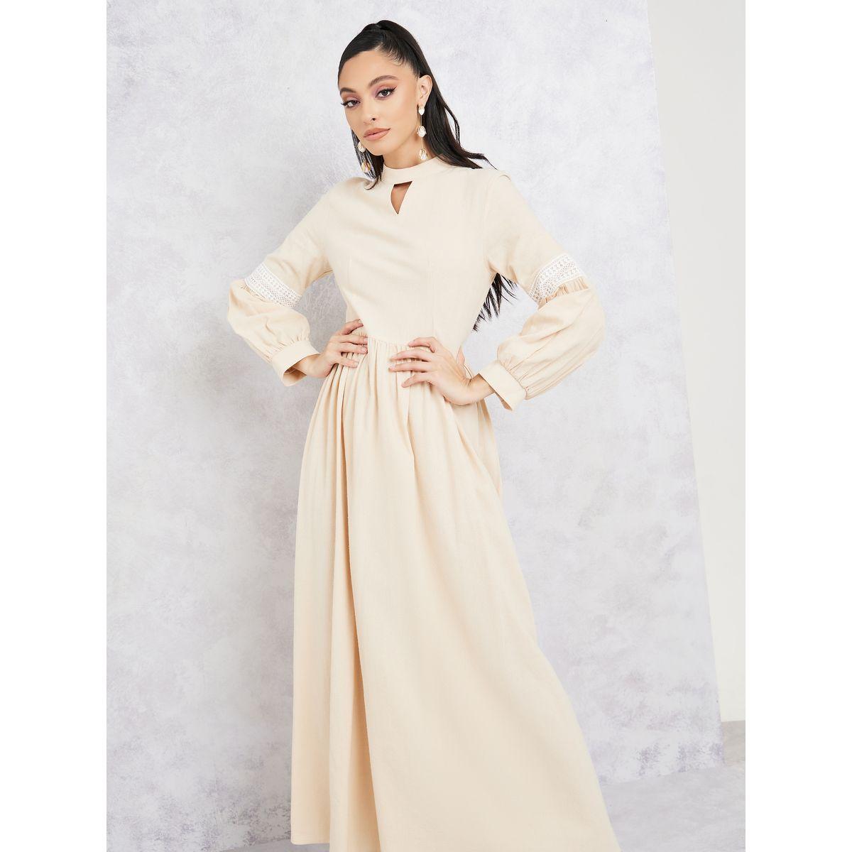 Styli Lace Detail Sleeves High Neck A-Line Maxi Dress-women-clothing-dresses-image-2
