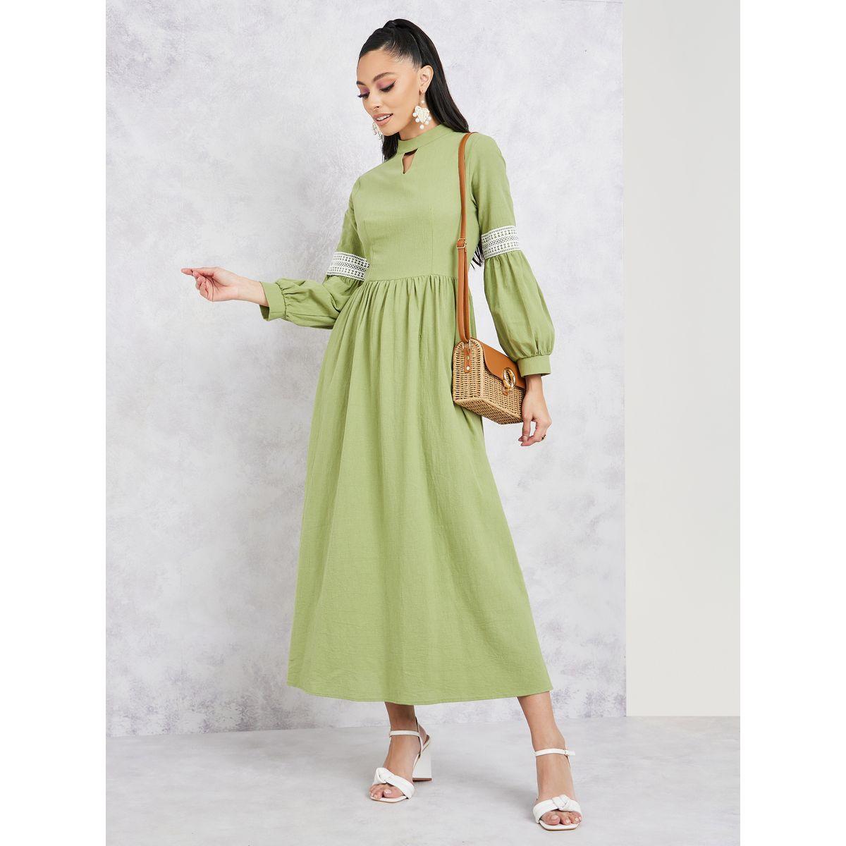 Styli Lace Detail Sleeves High Neck A-Line Maxi Dress-women-clothing-dresses-image-1