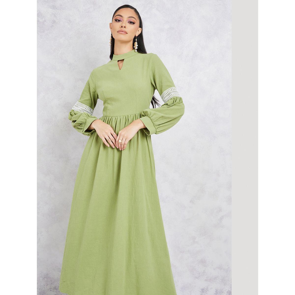 Styli Lace Detail Sleeves High Neck A-Line Maxi Dress-women-clothing-dresses-image-2
