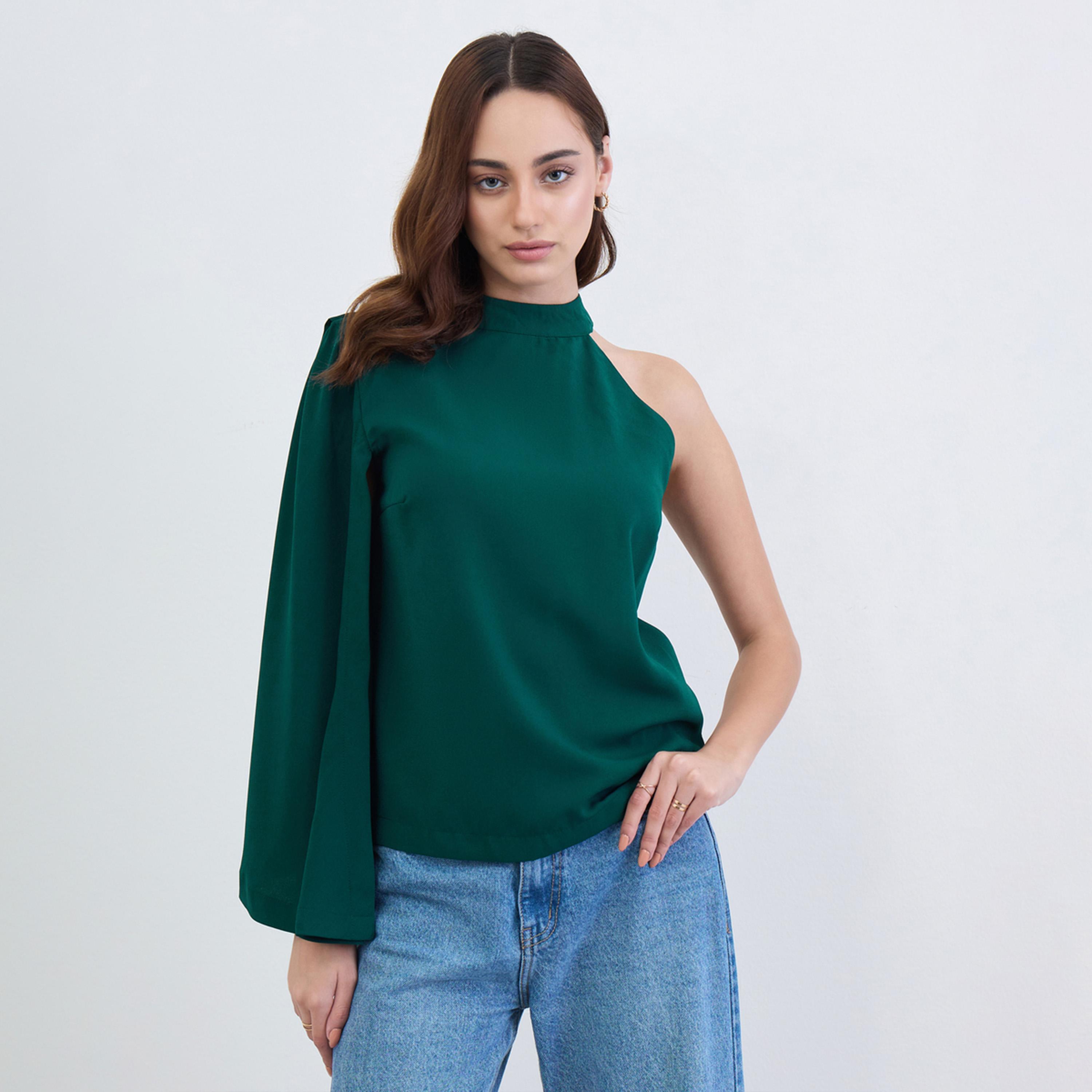ستايلي - بلوزة بأكمام واحدة على الكتف بتصميم كيب بلون أزرق مخضر-women-clothing-shirtsandblouses-blouses-image-1