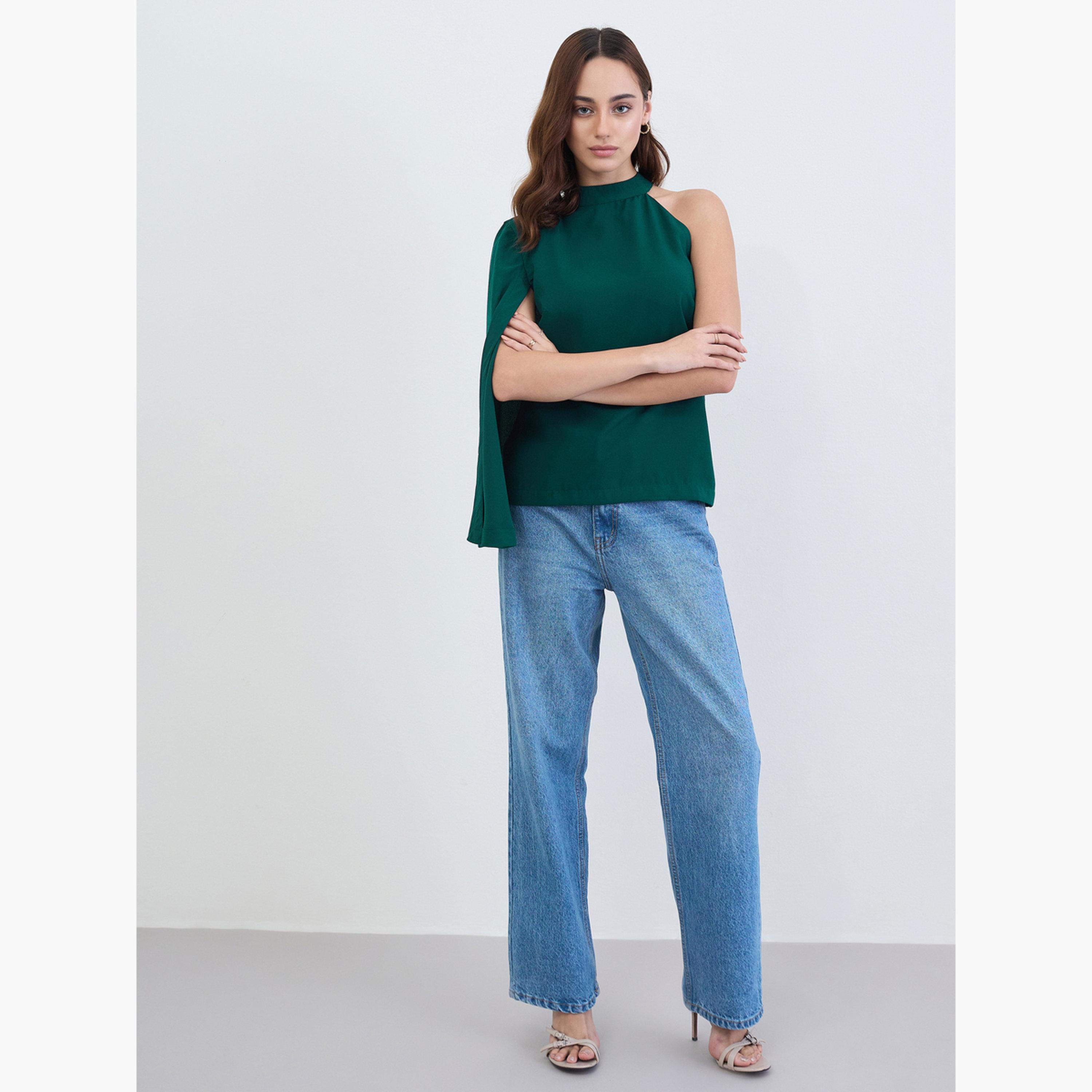 ستايلي - بلوزة بأكمام واحدة على الكتف بتصميم كيب بلون أزرق مخضر-women-clothing-shirtsandblouses-blouses-image-2