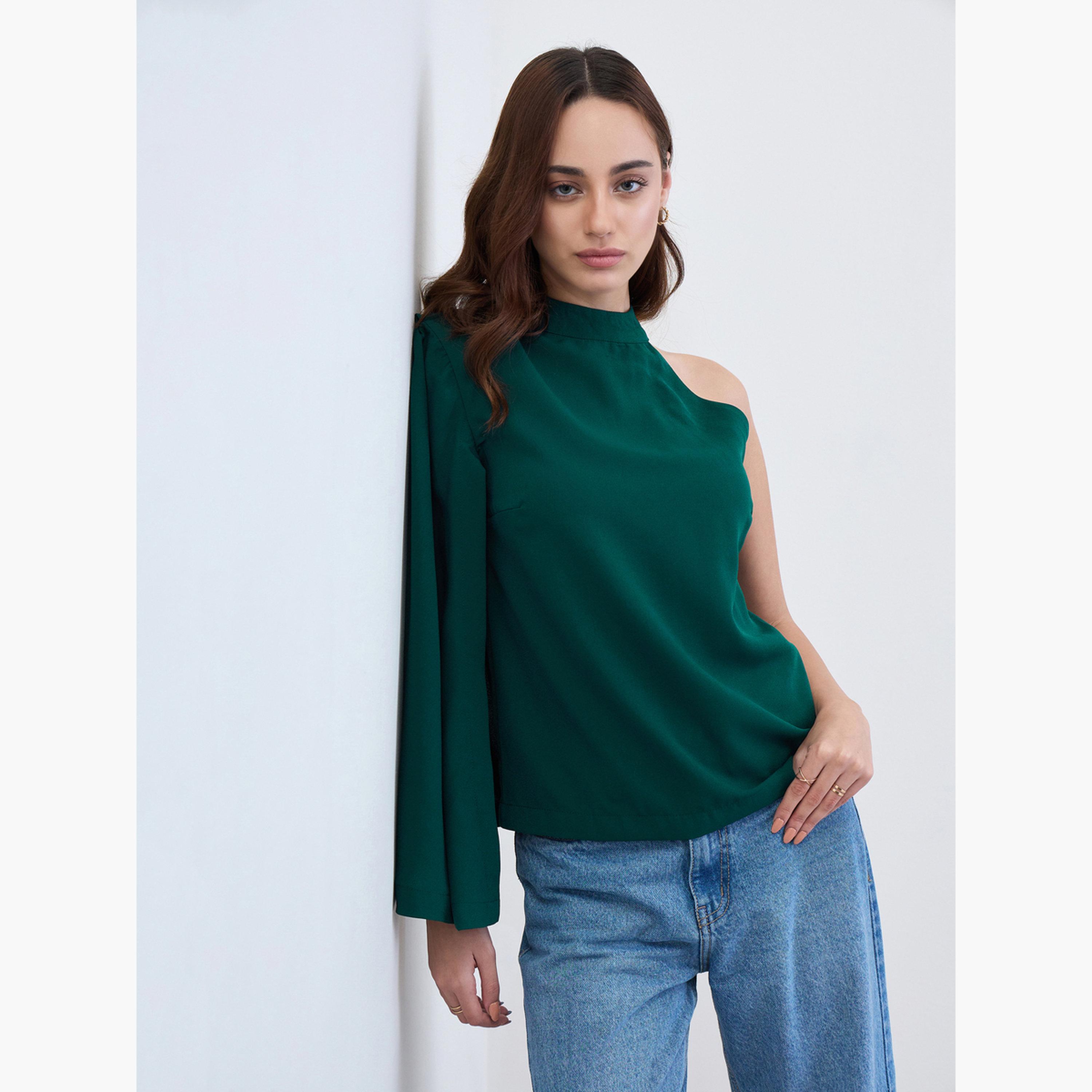 ستايلي - بلوزة بأكمام واحدة على الكتف بتصميم كيب بلون أزرق مخضر-women-clothing-shirtsandblouses-blouses-image-3