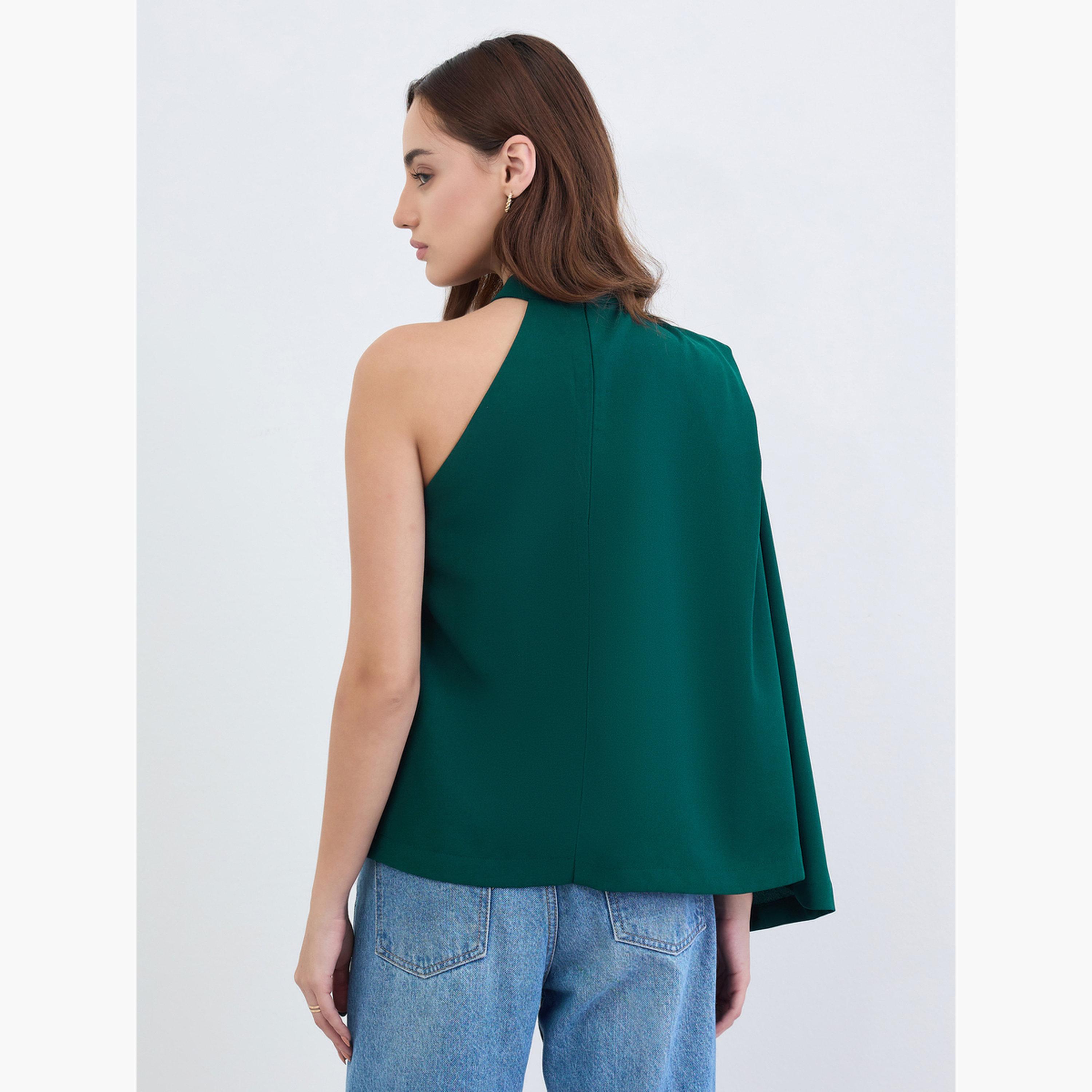 ستايلي - بلوزة بأكمام واحدة على الكتف بتصميم كيب بلون أزرق مخضر-women-clothing-shirtsandblouses-blouses-image-5