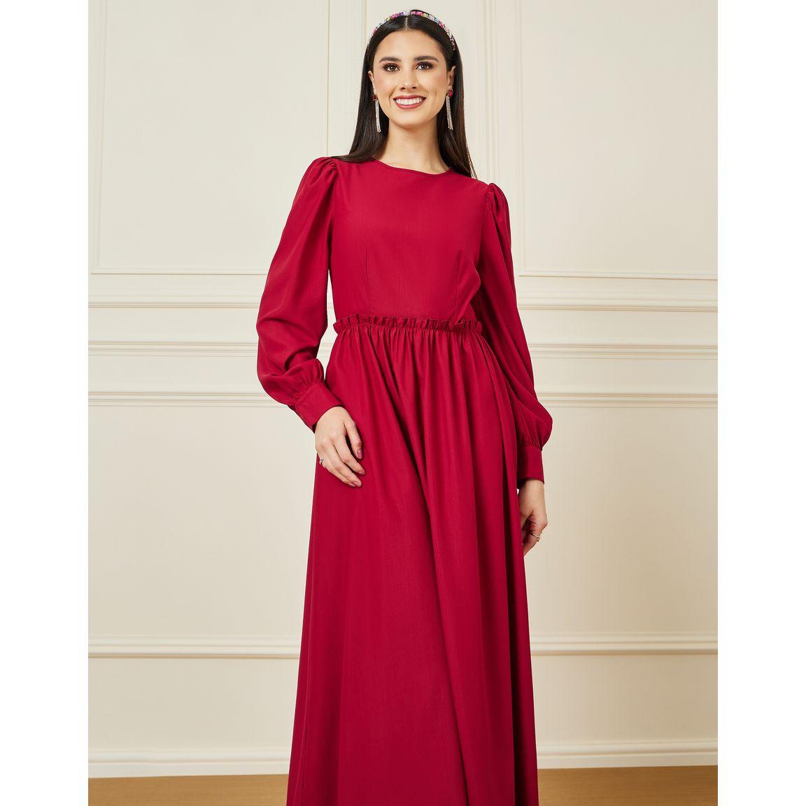 فستان طويل سادة بأكمام منفوخة-women-clothing-dresses-image-2