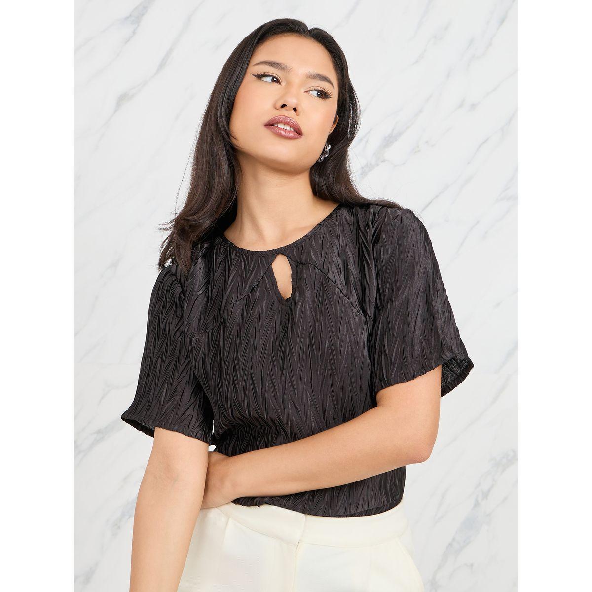 Styli Satin Textured Keyhole Neck Knit Top-women-clothing-shirtsandblouses-blouses-image-1