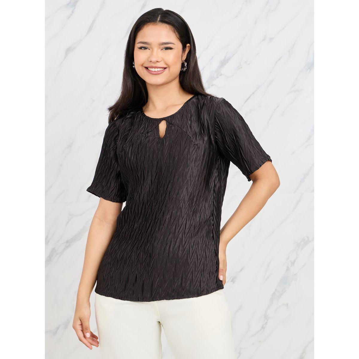 Styli Satin Textured Keyhole Neck Knit Top-women-clothing-shirtsandblouses-blouses-image-3