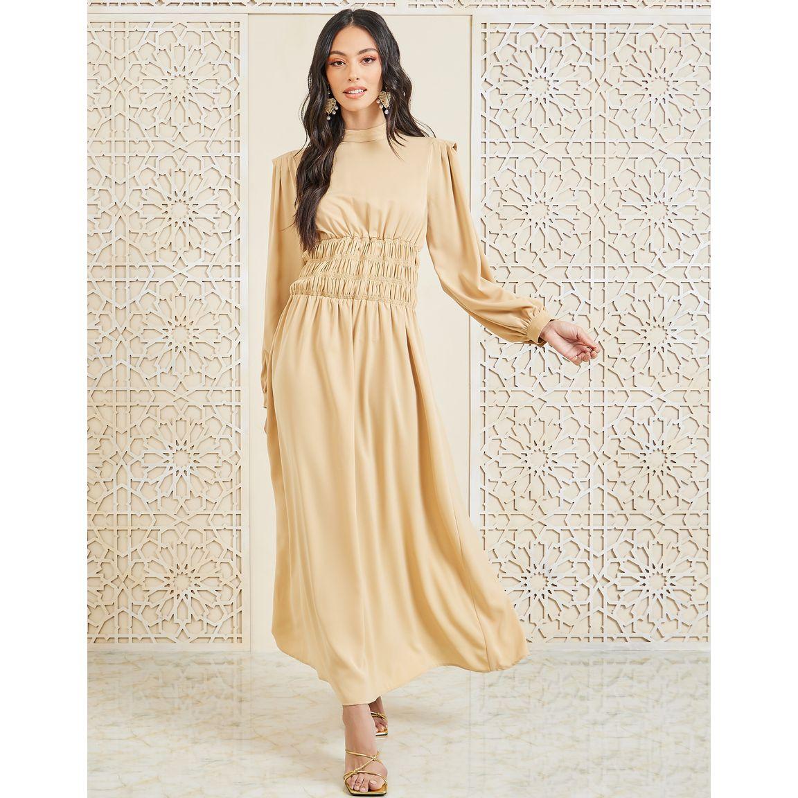 Styli Shirred Waist Detail High Neck A-Line Maxi Dress-women-clothing-dresses-image-1