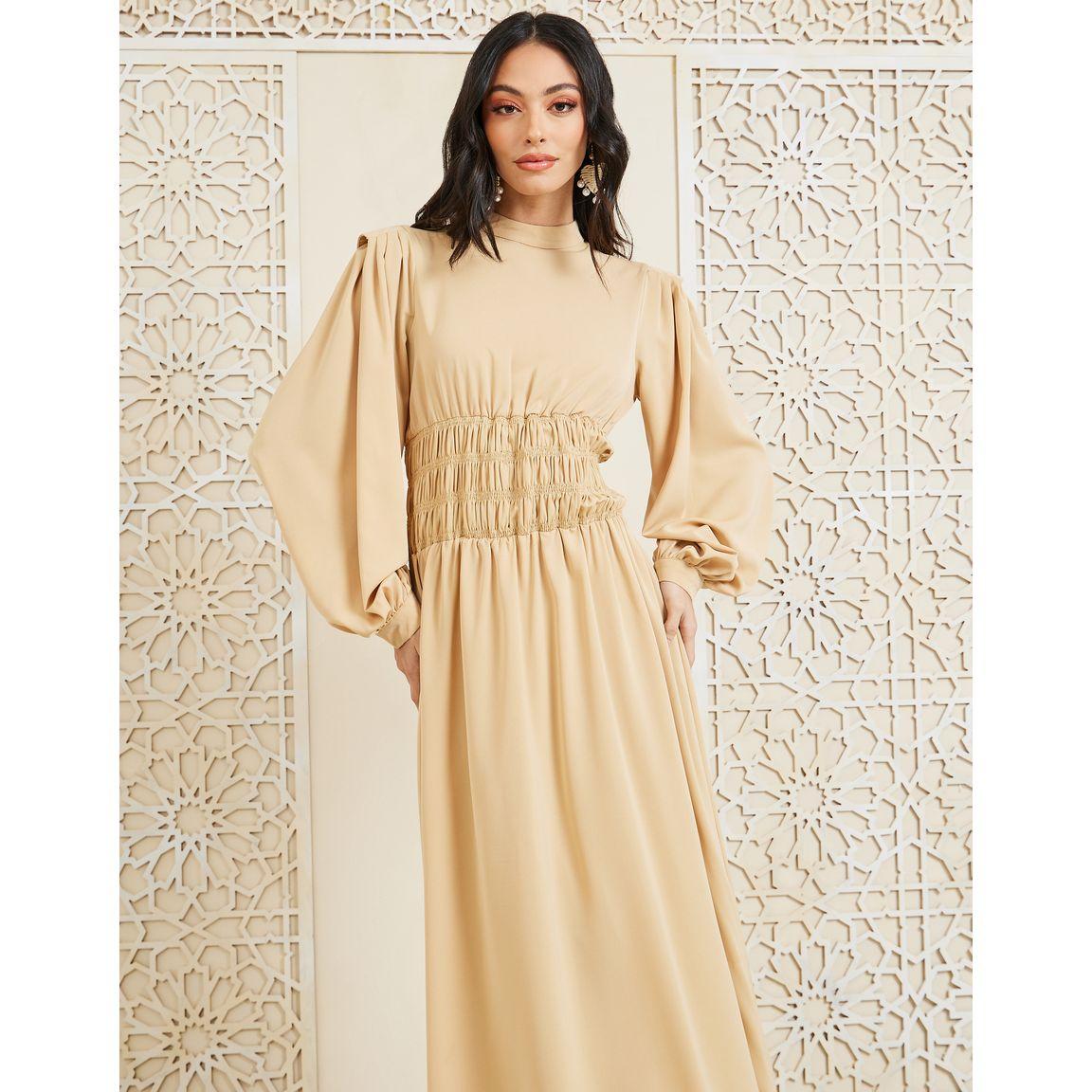 Styli Shirred Waist Detail High Neck A-Line Maxi Dress-women-clothing-dresses-image-2