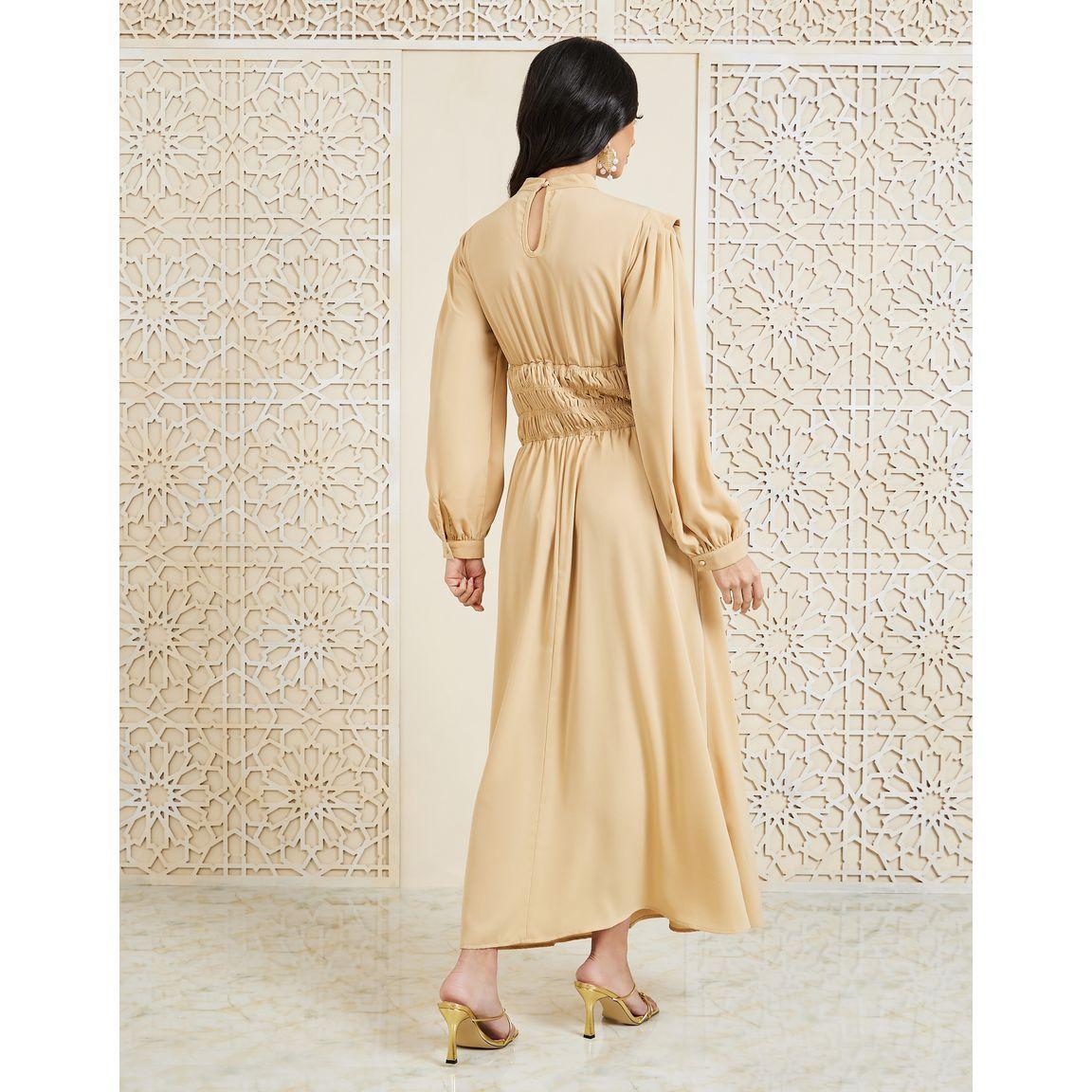 Styli Shirred Waist Detail High Neck A-Line Maxi Dress-women-clothing-dresses-image-4