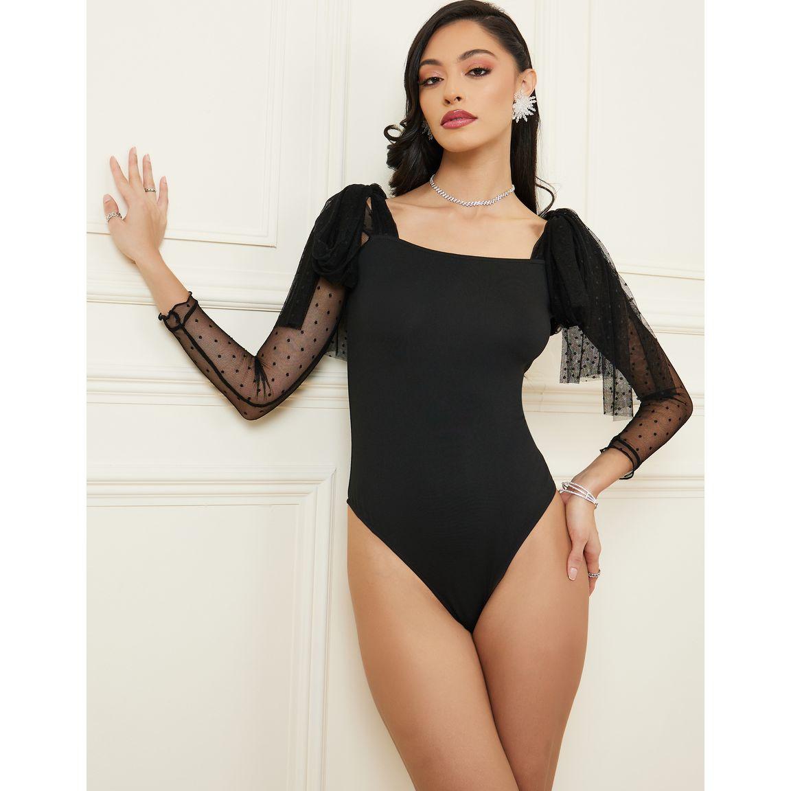 Styli Polka Sheer Sleeve Fringe Detail Bodysuit-women-clothing-tshirts-image-1