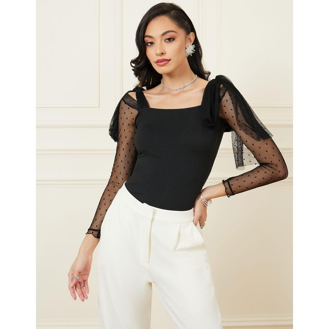 Styli Polka Sheer Sleeve Fringe Detail Bodysuit-women-clothing-tshirts-image-3
