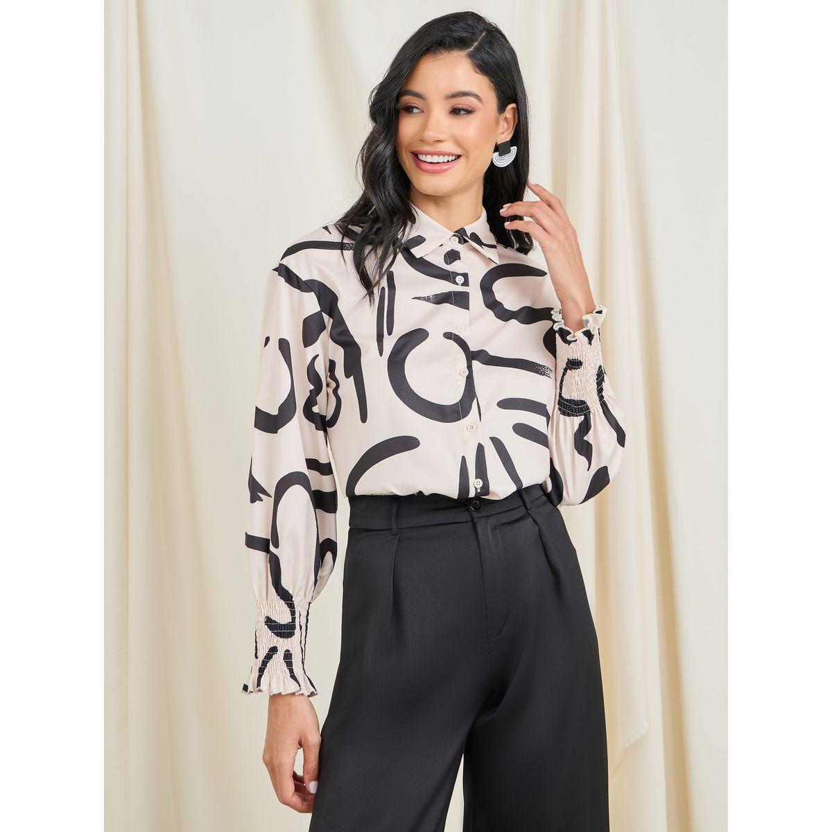 Styli Abstract Print Smocked Cuff Sleeve Shirt-women-clothing-shirtsandblouses-shirts-image-1