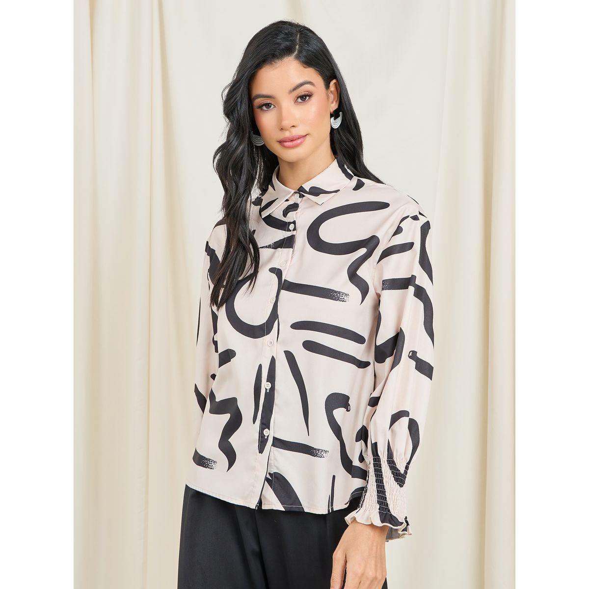 Styli Abstract Print Smocked Cuff Sleeve Shirt-women-clothing-shirtsandblouses-shirts-image-3