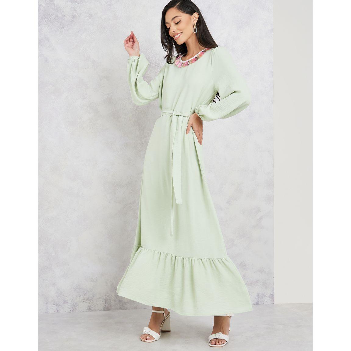 Styli Tassel Trim Round Neck Tiered Maxi Dress with Tie Up Belt-women-clothing-dresses-image-1