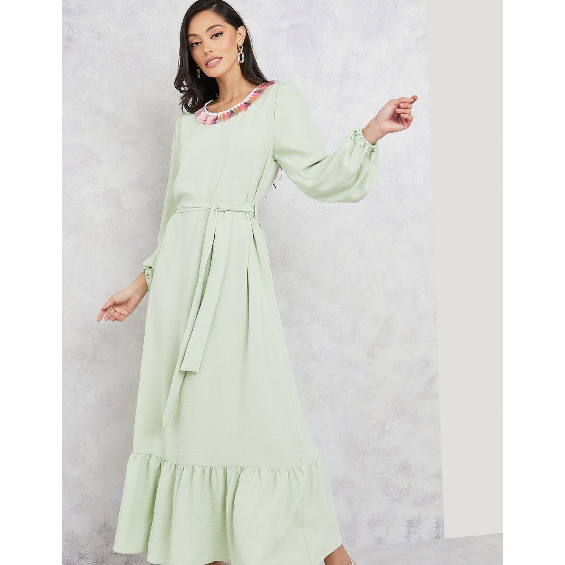 Styli Tassel Trim Round Neck Tiered Maxi Dress with Tie Up Belt-women-clothing-dresses-image-2