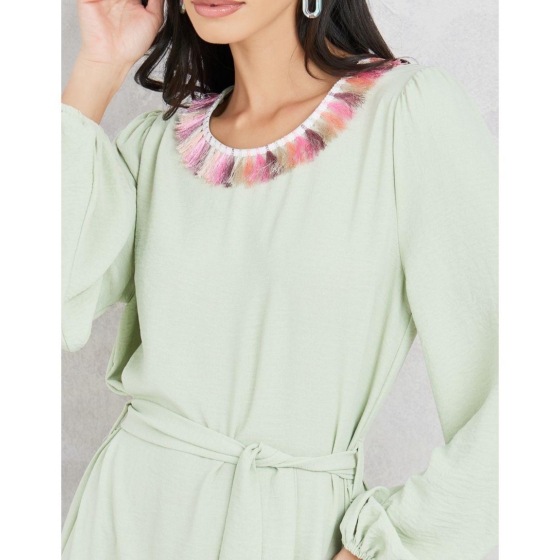 Styli Tassel Trim Round Neck Tiered Maxi Dress with Tie Up Belt-women-clothing-dresses-image-3
