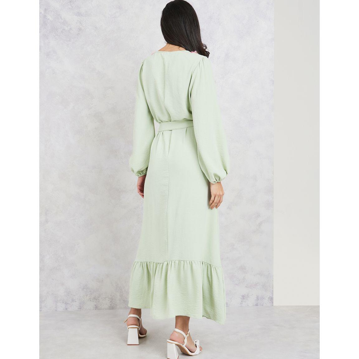Styli Tassel Trim Round Neck Tiered Maxi Dress with Tie Up Belt-women-clothing-dresses-image-4