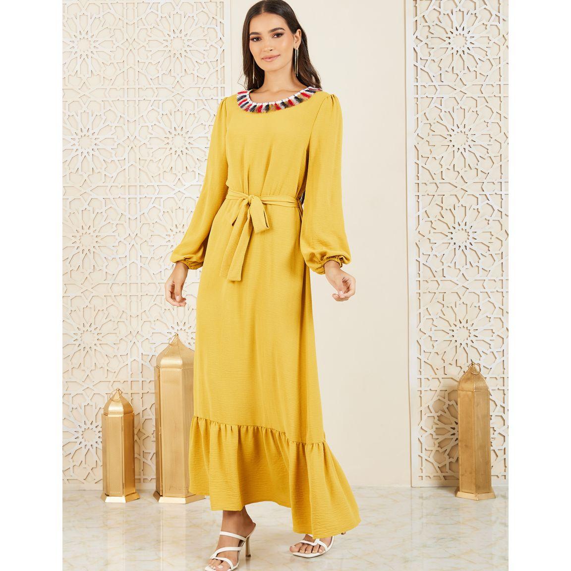 Styli Tassel Detail Neck A-Line Maxi Dress with Self Tie Up-women-clothing-dresses-image-1