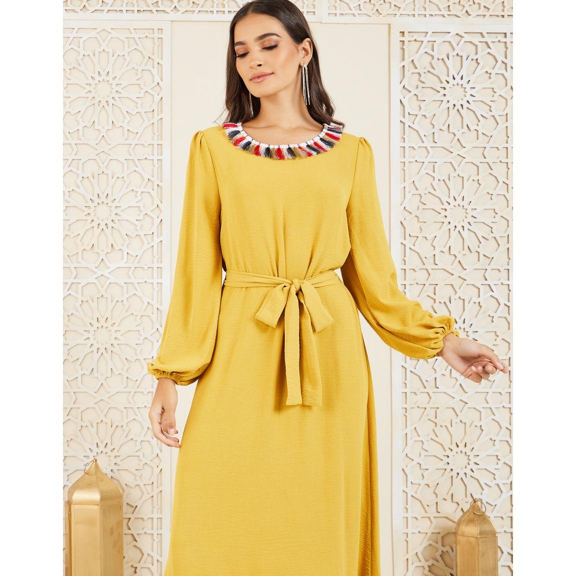 فستان طويل بتفاصيل شراشيب ورباط خصر-women-clothing-dresses-image-2