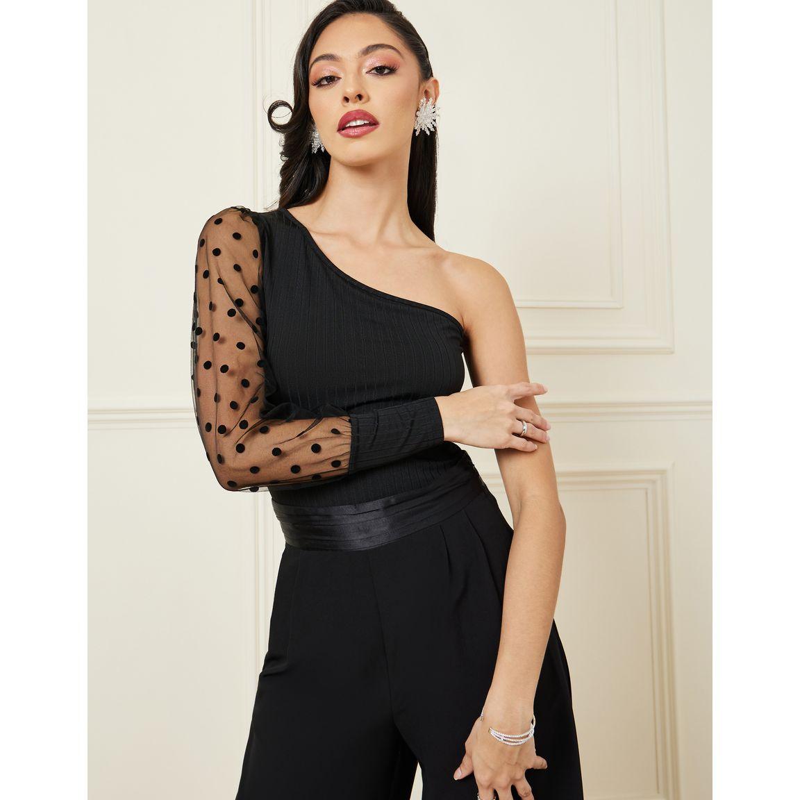 Styli Polka Dot One Shoulder Mesh Sleeve Top-women-clothing-shirtsandblouses-blouses-image-1