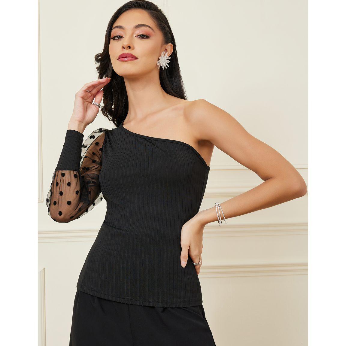 Styli Polka Dot One Shoulder Mesh Sleeve Top-women-clothing-shirtsandblouses-blouses-image-3