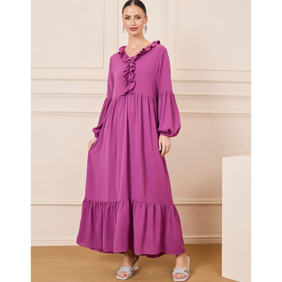 فستان طويل مزين بكسرات وكشكش-women-clothing-dresses-image-1