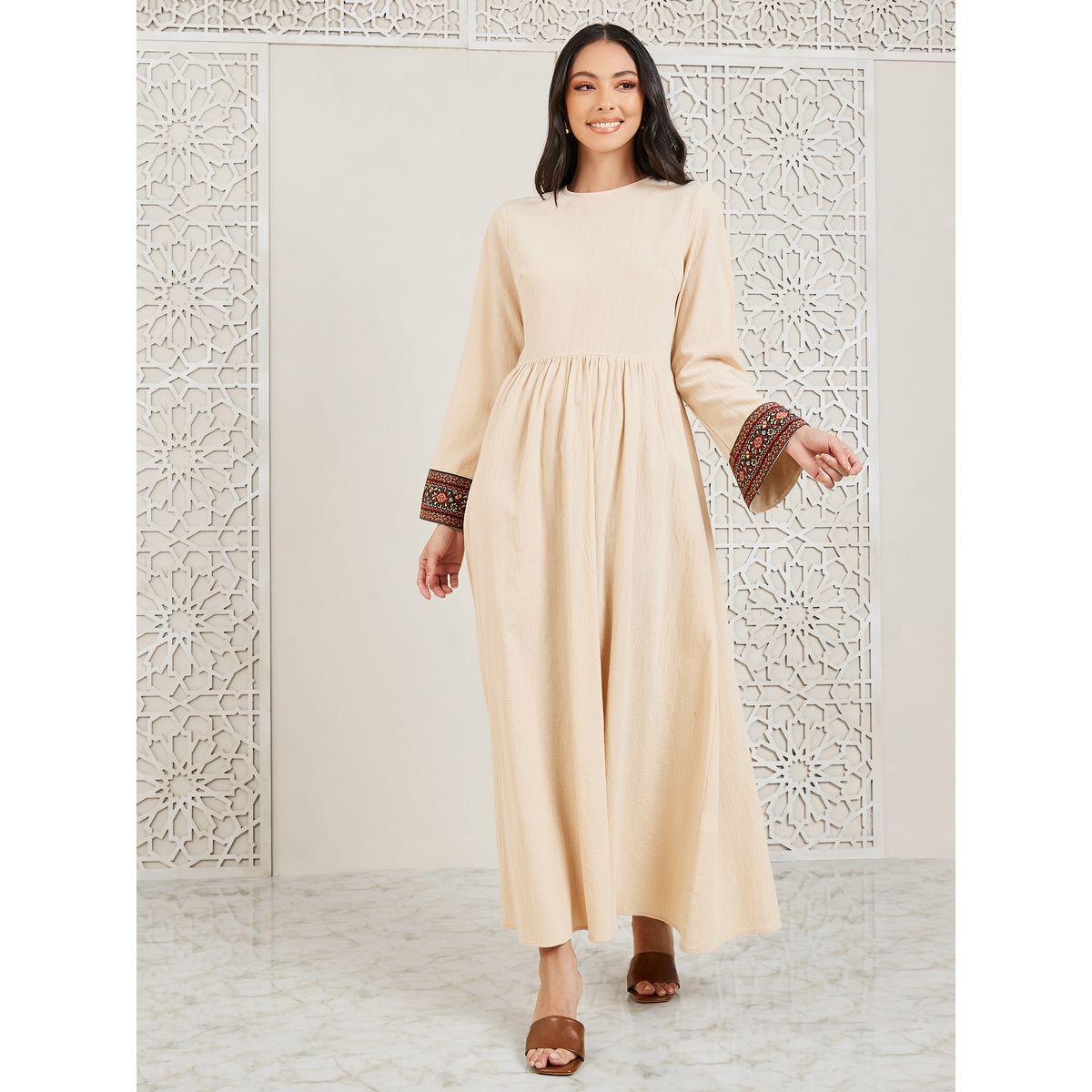 Styli  Embroidered Trim Sleeves A-Line Maxi Dress-women-clothing-dresses-image-1