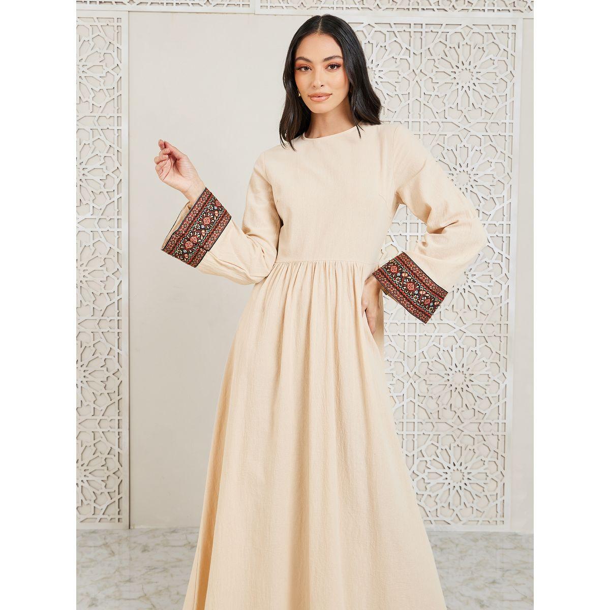 Styli  Embroidered Trim Sleeves A-Line Maxi Dress-women-clothing-dresses-image-2