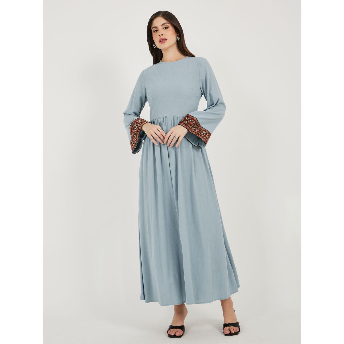 Styli Printed Contrast Panel Long Sleeves A-Line Maxi Dress-women-clothing-dresses-image-1