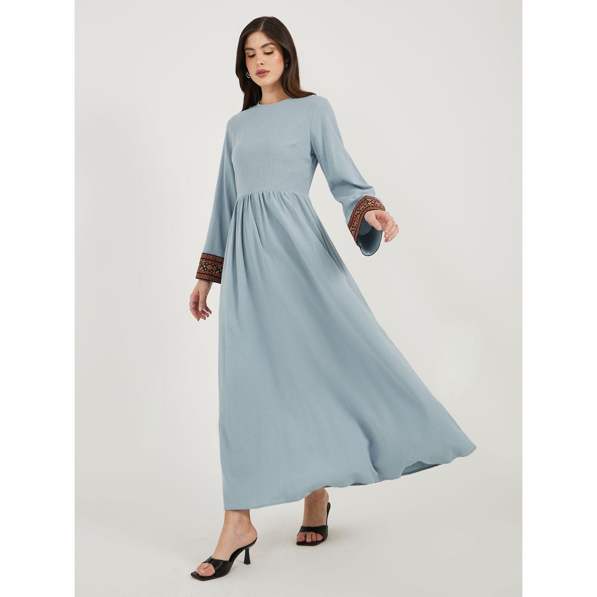 Styli Printed Contrast Panel Long Sleeves A-Line Maxi Dress-women-clothing-dresses-image-2