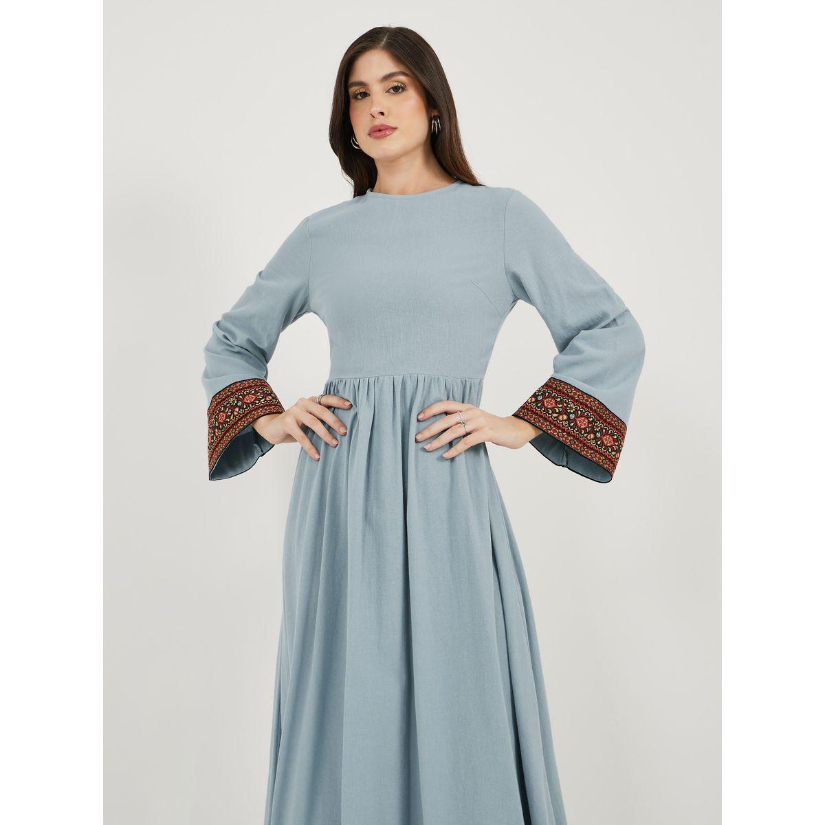 Styli Printed Contrast Panel Long Sleeves A-Line Maxi Dress-women-clothing-dresses-image-3
