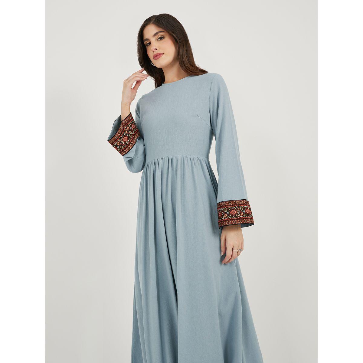 Styli Printed Contrast Panel Long Sleeves A-Line Maxi Dress-women-clothing-dresses-image-4