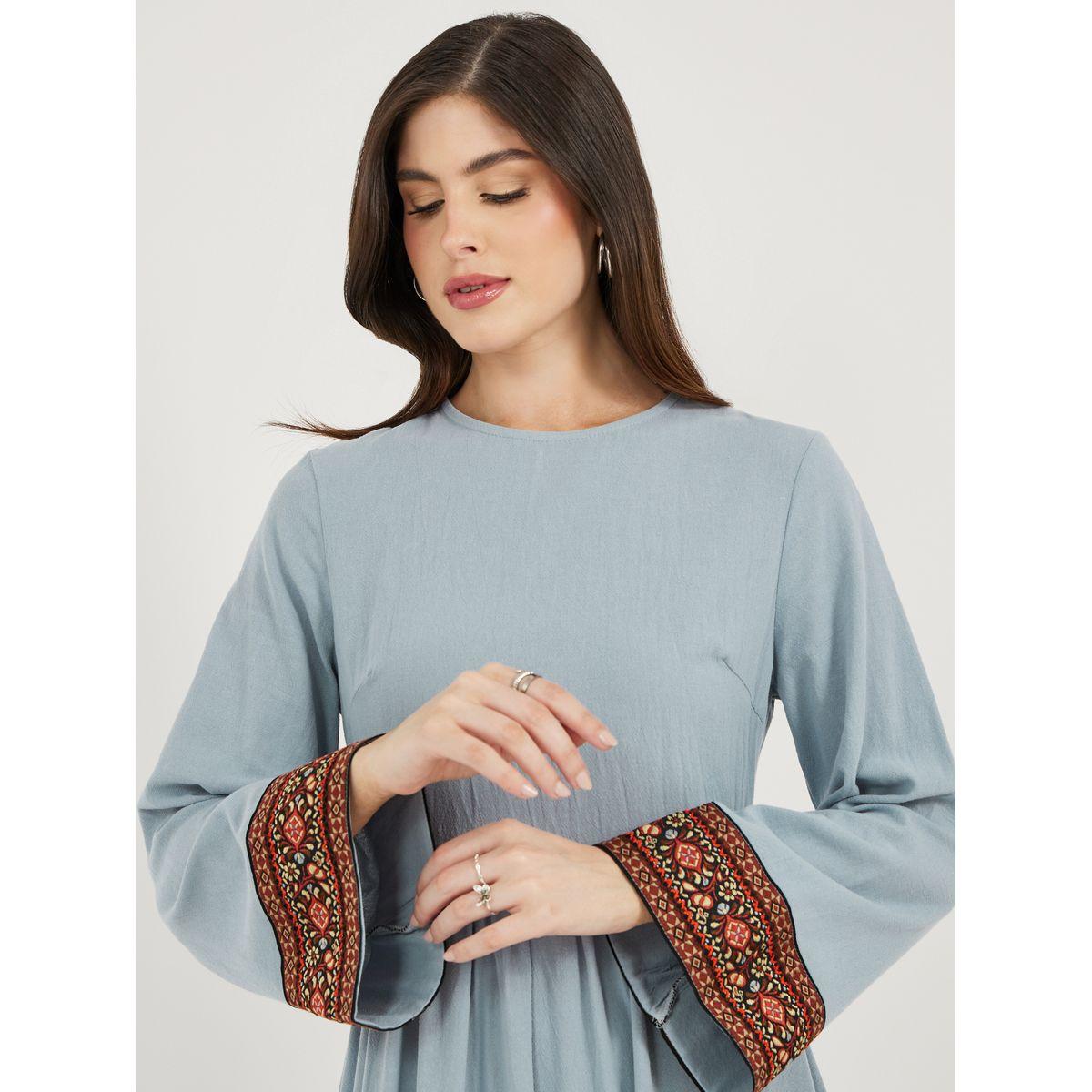 Styli Printed Contrast Panel Long Sleeves A-Line Maxi Dress-women-clothing-dresses-image-5