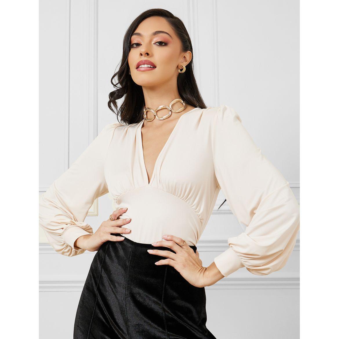 Styli V Neck Fitted Bodysuit with Volume Sleeve-women-clothing-tshirts-image-3