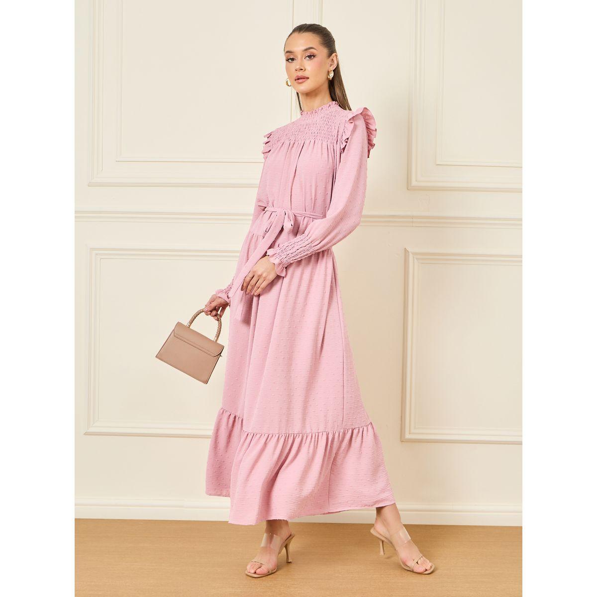 Styli Dobby Smocked Ruffle Detail A-Line Maxi Dress with Self Tie Up-women-clothing-dresses-image-1
