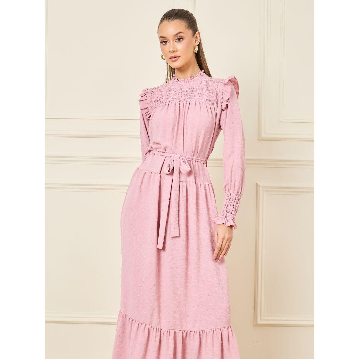 Styli Dobby Smocked Ruffle Detail A-Line Maxi Dress with Self Tie Up-women-clothing-dresses-image-2