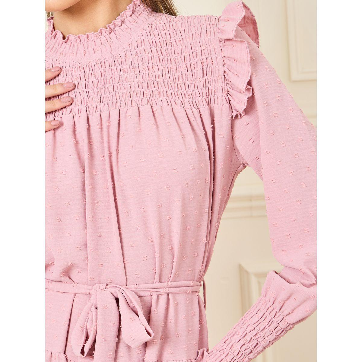 Styli Dobby Smocked Ruffle Detail A-Line Maxi Dress with Self Tie Up-women-clothing-dresses-image-3