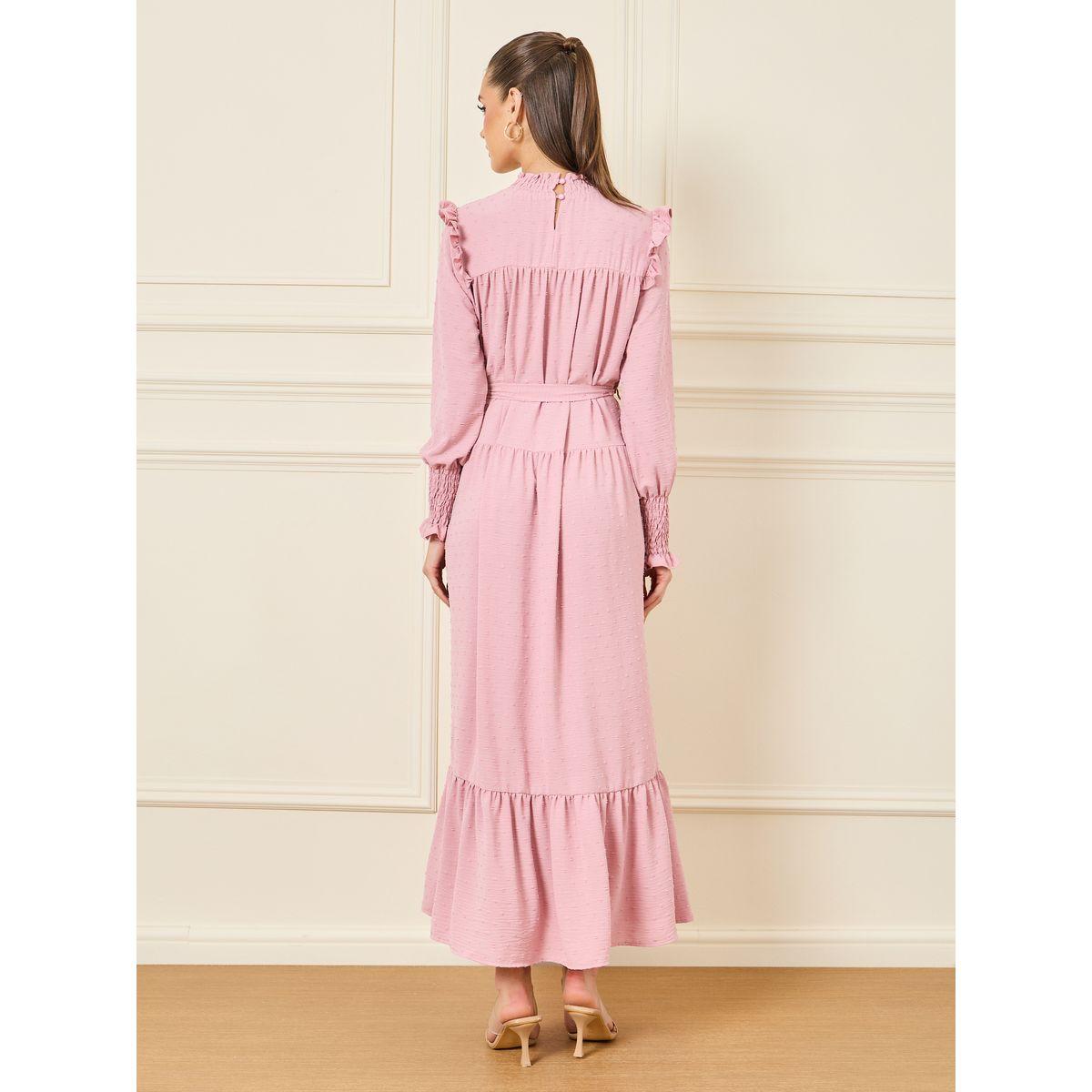 Styli Dobby Smocked Ruffle Detail A-Line Maxi Dress with Self Tie Up-women-clothing-dresses-image-4