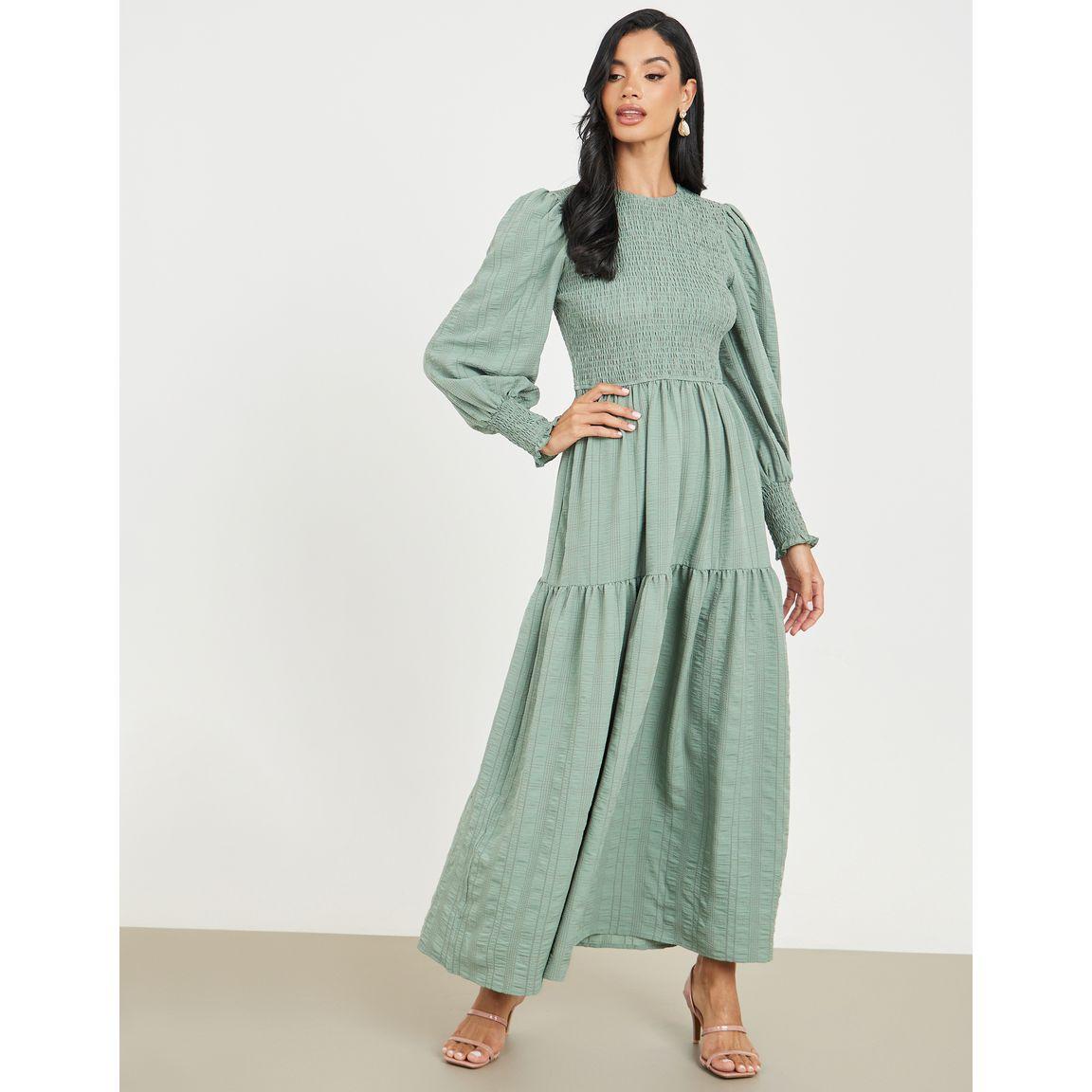 Styli Smocked Detail Cuff Sleeves A-Line Maxi Dress-women-clothing-dresses-image-1