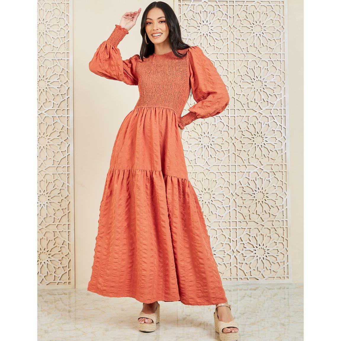 Styli Smocked Detail Cuff Sleeves A-Line Maxi Dress-women-clothing-dresses-image-1